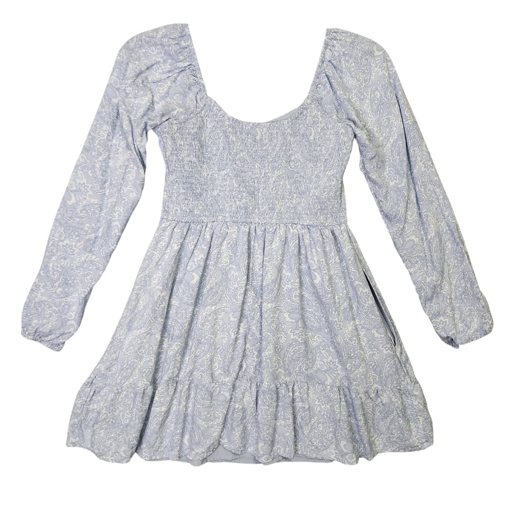 Hollister Paisley Mini Dress Womens Medium Blue Long Sleeve Smocked Boho Tiered - Picture 2 of 9